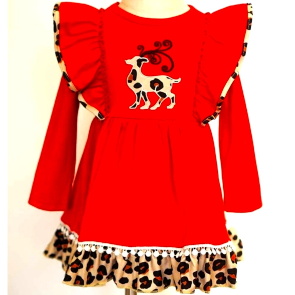 Red & Leopard Print Reindeer Ruffle Dress
